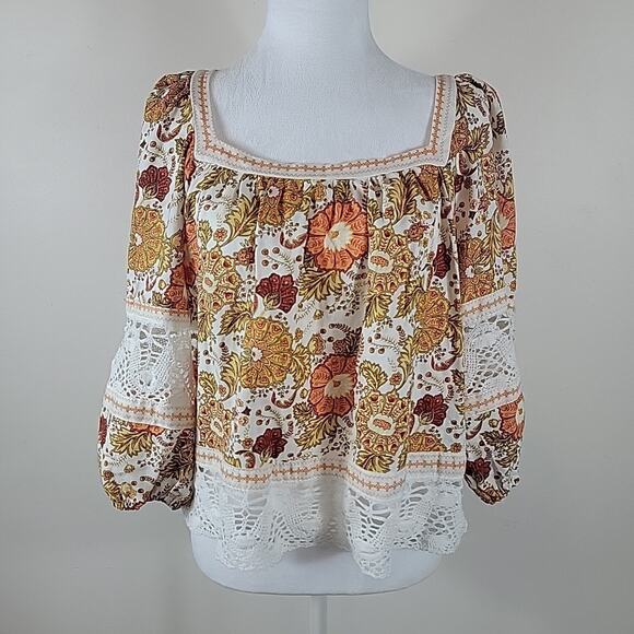 Rachel Zoe Top S Paisley Print Crochet Balloon Sleeve Cropped Linen Peasant - Picture 1 of 15